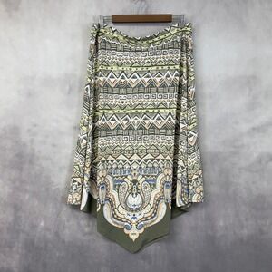 Chico's Geometric Paisley Sharkbite Hem Maxi Skirt Womens 2 Green Stretch Flowy